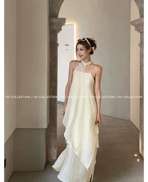 Ladies Chic Dress With Halter Neck Asymmetrical Flowing Hem